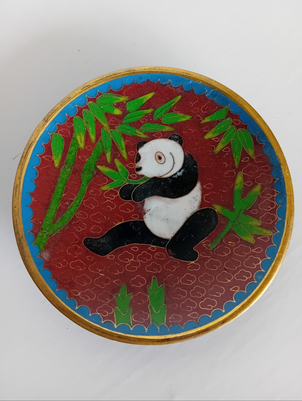 Red Panda Cloisonné Trinket Dish with Green Bamboo Motif